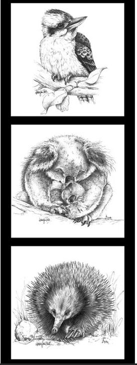 Wildlife Art Panel Black and White - Kookaburra Koala Echidna