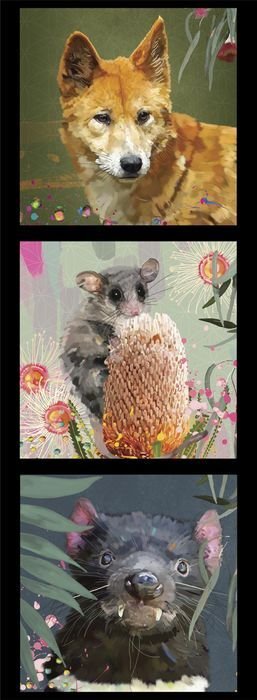 Wildlife Art  Panel - Dingo Sugar Glider Tassie Devil